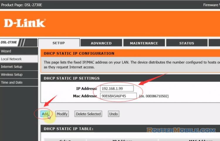 DHCP Static IP Configuration On D-Link router