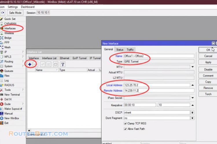 Connect 2 Mikrotik routers over Internet with GRE Tunnel